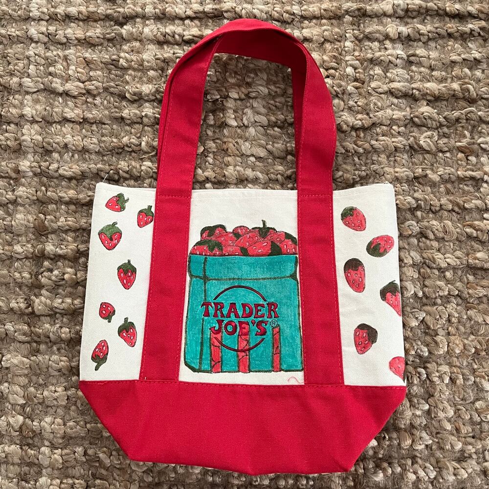 Trader Joe's Mini Canvas Tote Hand Painted Strawberry Coffee Mug Hearts Custom